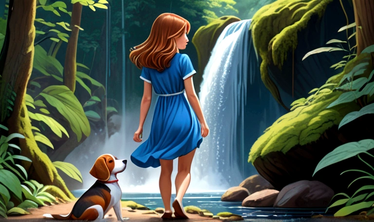 Draw a young woman with brown hair and a blue dress. Far away on the path in the dense forest, she finds a waterfall and becomes curious. Next to her is a brown and white beagle.