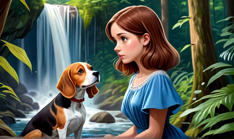 Draw a young woman with brown hair and a blue dress. Far away on the path in the dense forest, she finds a waterfall and becomes curious. Next to her is a brown and white beagle.