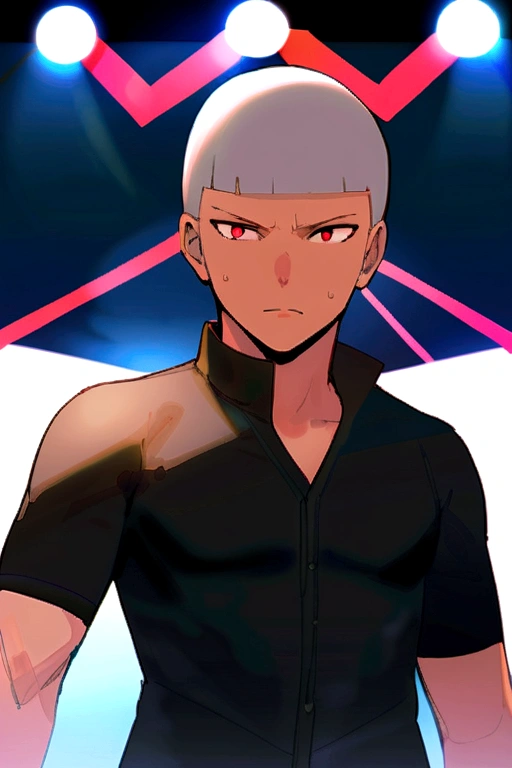Hakata Gion Yamakasa Mikoshi, (a 16 yo, silver crew cut hair very short hair divine fighter boy, serious face, cool red eyes, sweaty), in a Festival Fundosi:1.3, break, in the Hakata Gion Yamakasa festival venue, BREAK, perfect anatomy, masterpiece, best quality, 16k, beautiful detailed grow, daydreaming expression.