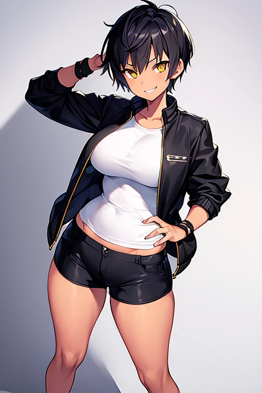 1girl, spiked hair, very short hair, yellow eyes, tan, tan skin, tan-skinned female, black hair, tomboy, pixie cut, large breasts, hourglass figure, thick thighs, smile, smirk, smug, toned, white shirt, jacket, sneakers, black jacket, shirt, short pants, shorts, fingerless gloves, standing, full body