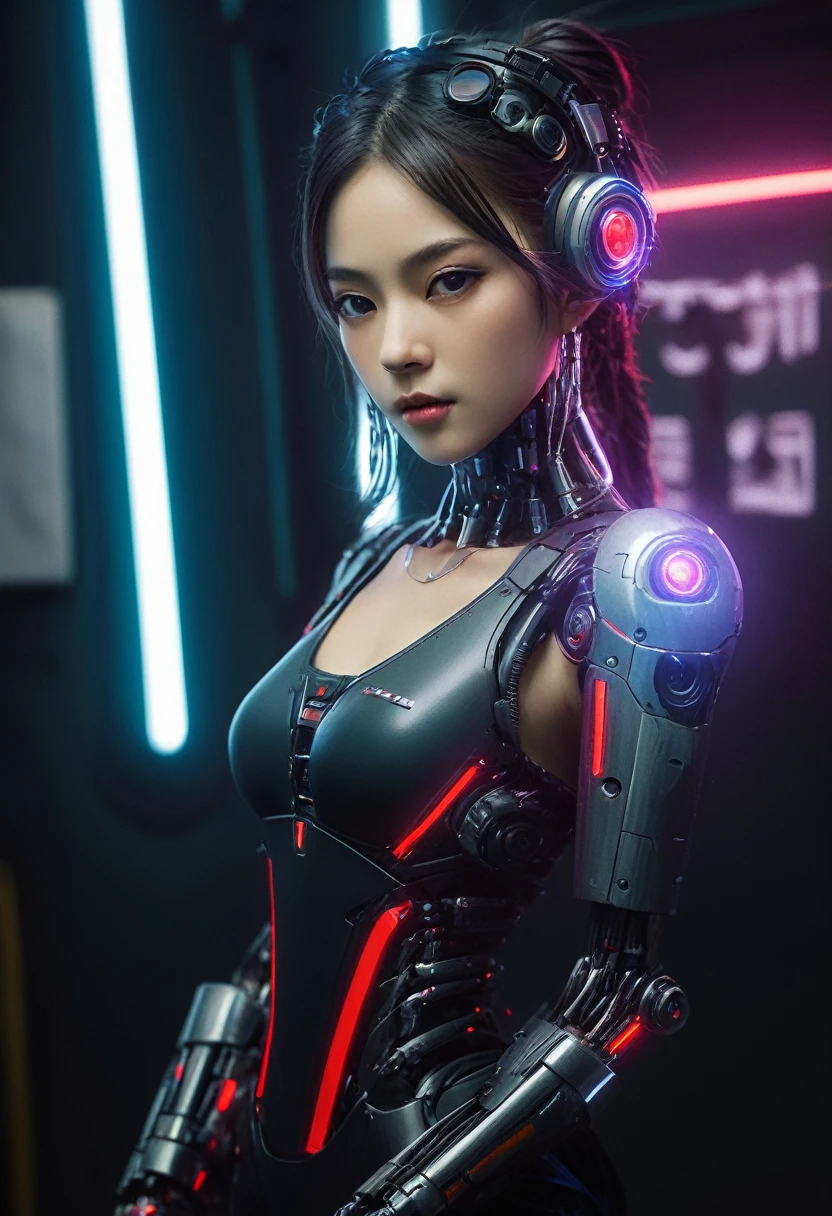xxmixgirl. Highly detailed professional 35mm film, bokeh, face in sharp focus. A robotic female, Miku, with ((metal skin)), ((perfect Asian eyes)) with magenta irises and ((black pupils)), beautiful serious (detailed face), 18 year old ((photorealistic face)), very long magenta twin tails of magenta hair, twin black hair ties with a single red stripe. She may have a black audio headpiece. We can see her ((full body)) down to her boot soles. Her outfit is a sleeveless collared light grey shirt, outlined in red around the frilled collar and hems. Shiny reflective ((metallic breast cups, dimpleless)), invisible nipples. She wears black sleeves with red hems that start around her upper arm and bellow out as the sleeves open and extend to her wrists, with wide trumpet red rimmed cuffs. She has perfect robotic (detailed hands). She wears a red colored tie with two horizontal solid parallel black lines halfway across. She wears a fabric black skirt with a horizontal red hem at the bottom all the way around; her (((black skirt wraps around her))) and ((her skirt completely covers)) her robotic waist and thighs. Tall black boots with red bottom soles, a red rim around the top at her thighs. Her mechanical shoulder joints are visible. We can see her robotic legs and robotic neck. Half of her is covered with shiny polished machinery. The background is a distant dark neon futuristic Japanese city, gold, cyan, violet neon, near harbor or mountains.