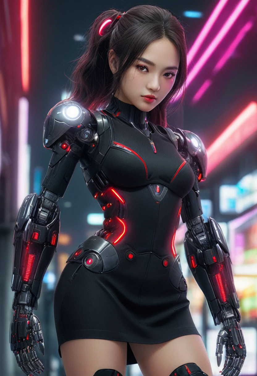 xxmixgirl. Highly detailed professional 35mm film, bokeh, face in sharp focus. A robotic female, Miku, with ((metal skin)), ((perfect Asian eyes)) with magenta irises and ((black pupils)), beautiful serious (detailed face), 18 year old ((photorealistic face)), very long magenta twin tails of magenta hair, twin black hair ties with a single red e. She may have a black audio headpiece. We can see her ((full body)) down to her boot soles. Her outfit is a sleeveless collared light grey shirt, outlined in red around the frilled collar and hems. Shiny reflective ((metallic breast cups, dimpleless)), invisible nipples. She wears black sleeves with red hems that start around her upper arm and bellow out as the sleeves open and extend to her wrists, with wide trumpet red rimmed cuffs. She has perfect robotic (detailed hands). She wears a red colored tie with two horizontal solid parallel black lines halfway across. She wears a fabric black skirt with a horizontal red hem at the bottom all the way around; her (((black skirt wraps around her))) and ((her skirt completely covers)) her robotic waist and thighs. Tall black boots with red bottom soles, a red rim around the top at her thighs. Her mechanical shoulder joints are visible. We can see her robotic legs and robotic neck. Half of her is covered with shiny polished machinery. The background is a distant dark neon futuristic Japanese city, gold, cyan, violet neon, near harbor or mountains.