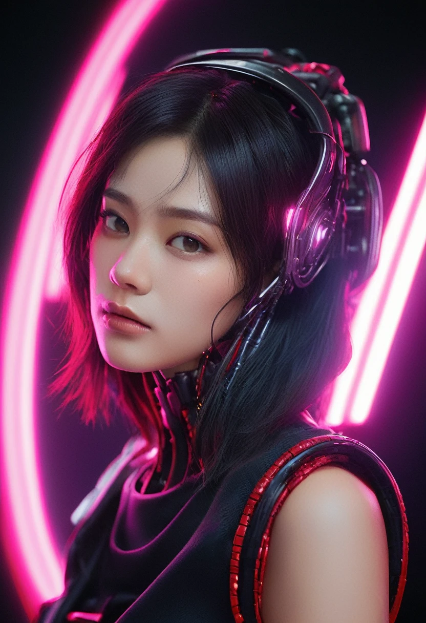 xxmixgirl. Highly detailed professional 35mm film, bokeh, face in sharp focus. A robotic female, Miku, with ((metal skin)), ((perfect Asian eyes)) with magenta irises and ((black pupils)), beautiful serious (detailed face), 18 year old ((photorealistic face)), very long magenta twin tails of magenta hair, twin black hair ties with a single red stripe. She may have a black audio headpiece. We can see her ((full body)) down to her boot soles. Her outfit is a sleeveless collared light grey shirt, outlined in red around the frilled collar and hems. Shiny reflective ((metallic breast cups, dimpleless)), invisible nipples. She wears black sleeves with red hems that start around her upper arm and bellow out as the sleeves open and extend to her wrists, with wide trumpet red rimmed cuffs. She has perfect robotic (detailed hands). She wears a red colored tie with two horizontal solid parallel black lines halfway across. She wears a fabric black skirt with a horizontal red hem at the bottom all the way around; her (((black skirt wraps around her))) and ((her skirt completely covers)) her robotic waist and thighs. Tall black boots with red bottom soles, a red rim around the top at her thighs. Her mechanical shoulder joints are visible. We can see her robotic legs and robotic neck. Half of her is covered with shiny polished machinery. The background is a distant dark neon futuristic Japanese city, gold, cyan, violet neon, near harbor or mountains.