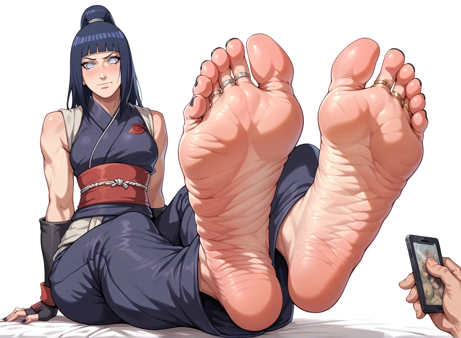 Hinata From Naruto, feet, soles, very wrinkled soles, disgusting dirty soles, black toenail, toes ring, soles focus. Very detailed soles, Masterpiece, UHD. Ninja Chamber background