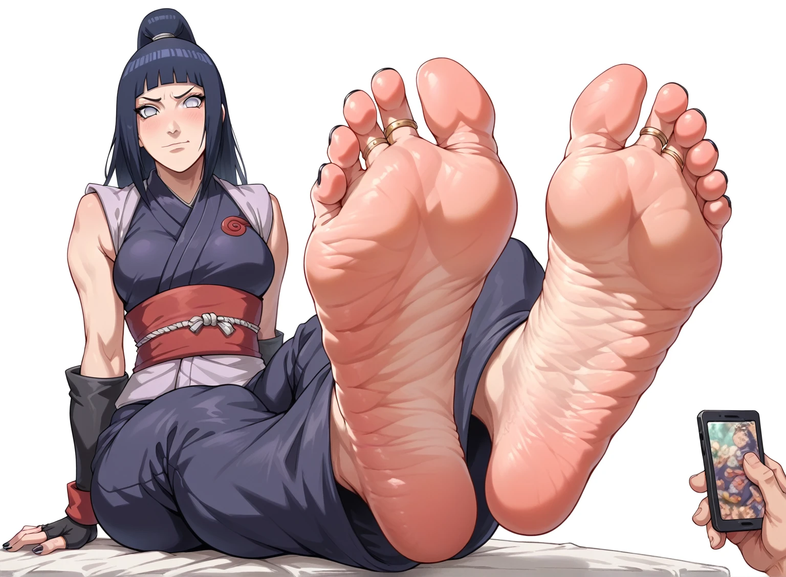 Hinata From Naruto, feet, soles, very wrinkled soles, disgusting dirty soles, black toenail, toes ring, soles focus. Very detailed soles, Masterpiece, UHD. Ninja Chamber background