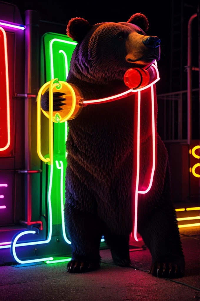 bear drinking, super detailed, with a neon and party style 