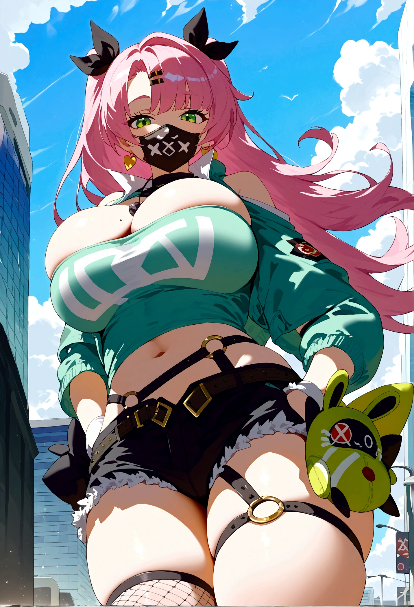 score_9, score_8_up, score_7_up, source_anime, looking at viewer, looking down, cowboy shot, 
Ncle, green eyes, mole under eye, earrings, jewelry, green hoodie, hood up, hands in pockets, black skirt, sunglasses, mouth mask, hoodie, pullover, fishnet pantyhose,  
large breasts, thick thighs, skindentation, smile, walking, 
city, japan, buildings, cloudy sky, day, Big breasts