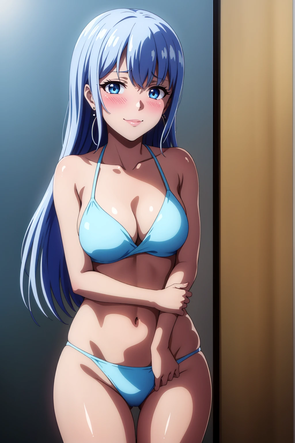 (of the highest quality:1.4), 8K resolution, ultra high definition, (high resolution:1.4), cinematic light, 1 girl, embarrassed face, very fine eyes,medium size chest、White skin,, Bikini, exterior, Pool, clear blue sky,blush、(looking at the viewer)、Model pose、forced smile、rabbit earrings、cowboy shot