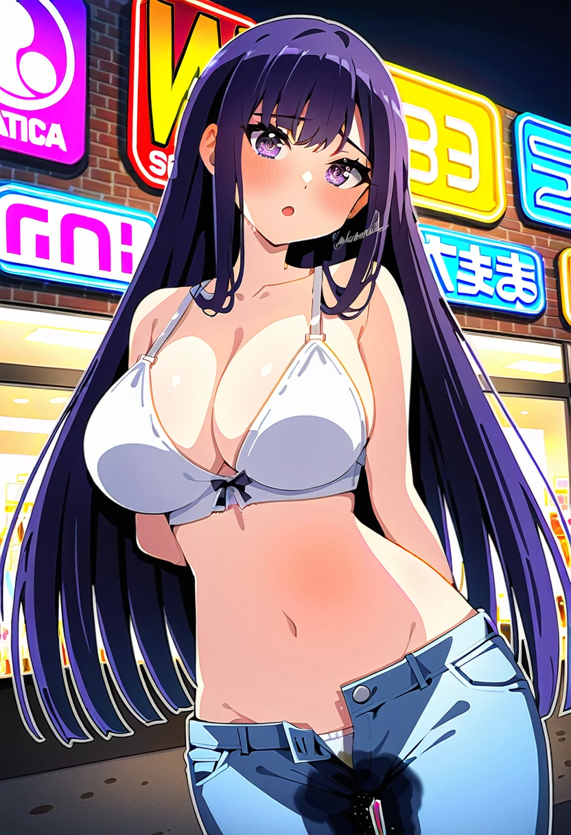 (masterpiece:1.37), best quality, (extremely detailed:1.37), woman, mature, adult, large breasts, very long hair, (straight hair:1.5), dark purple hair, purple eyes, (extremely detailed eyes:1.37), crop top, cleavage, navel, jeans, open fly, (groin:1.25), desperation, (wetting: self 3.0), standing, city, futuristic, neon lighting, high-tech, street, store, storefront, counter, anime merchandise
