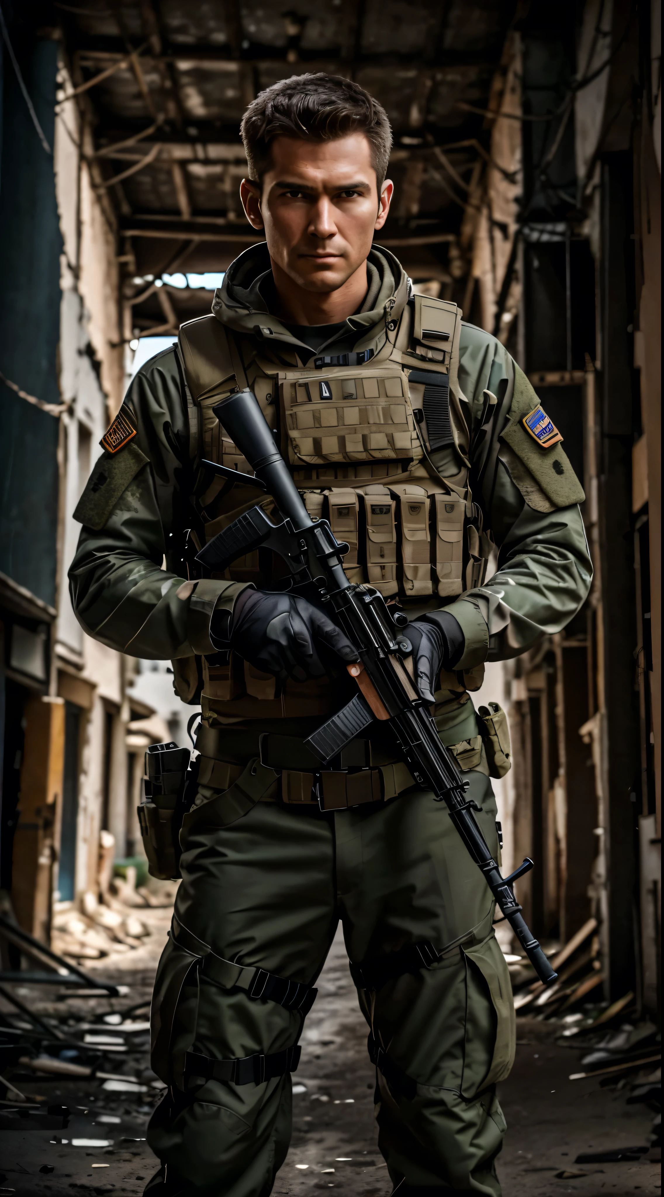 with high definition images，RAW Photos、Close-up portrait photo of a man in full special forces gear in a deserted city、Holding an AK-47 and pointing it at the camera。Long Hair、Pale skin、Slim body、background is city ruins、(Highly refined muscles:1.2)、8K  UHD、Digital SLR、Soft lighting、high quality、Film Grain、Fujifilm XT3