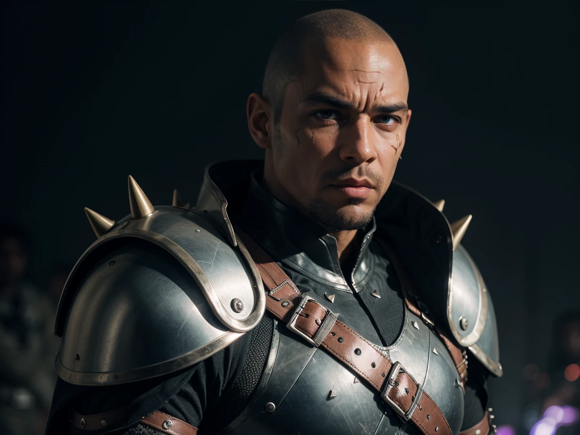 1 black bald man wears imposing battle armor with spikes, and other intimidating details, scar in left eye, glowing eyes, high detail, sharp focus, dramatic, black skin, scar in left eye, full body, cape, purple evil details