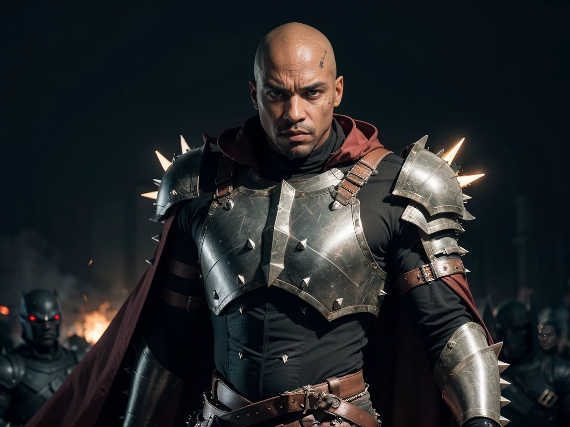 1 black bald man wears imposing battle armor with spikes, and other intimidating details, scar in left eye, glowing eyes, high detail, sharp focus, dramatic, black skin, scar in left eye, full body, cape, purple evil details
