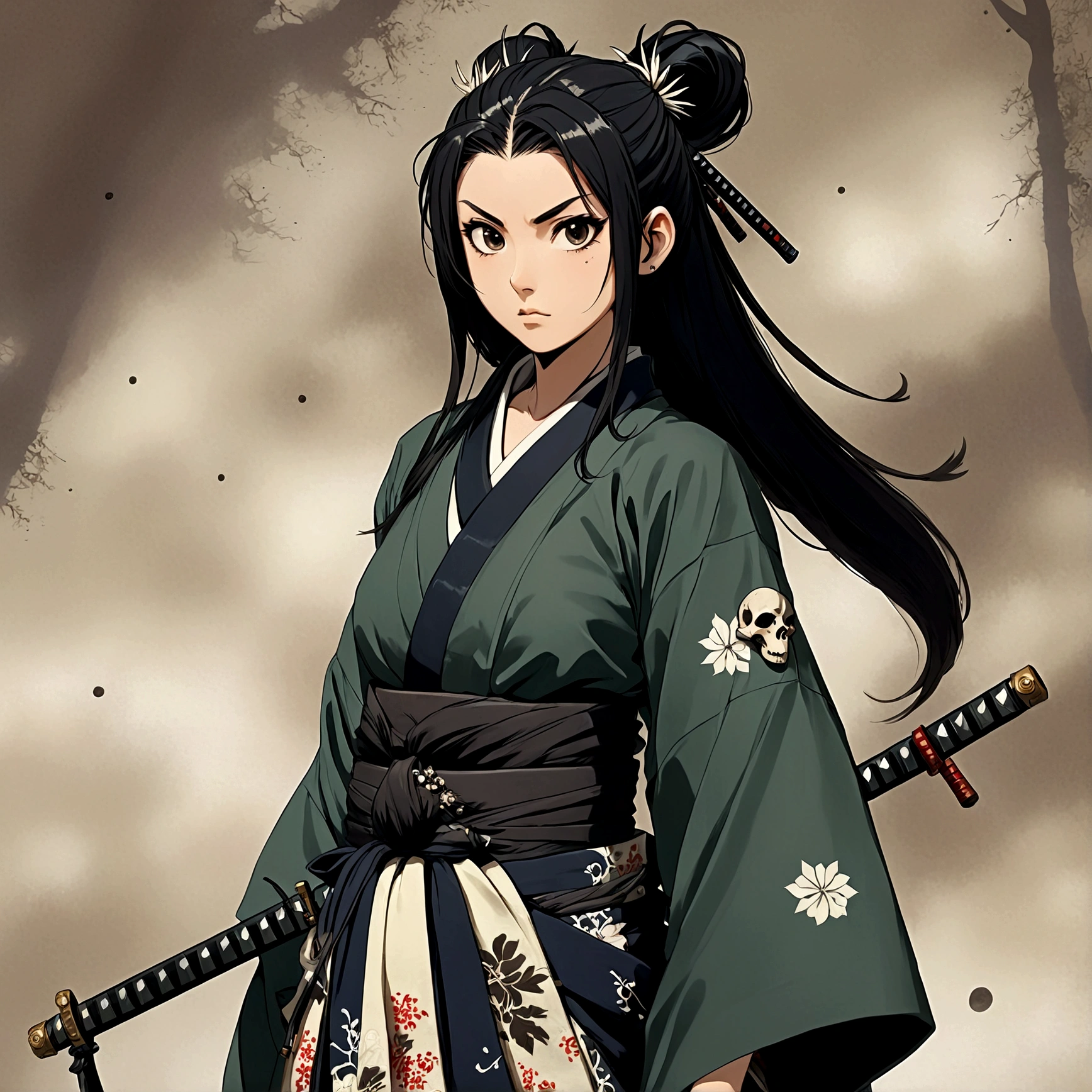 Adult woman, long dark hair with a ponytail formed from a sharp spiked brooch, dark eyes without expression, cuts on her face and neck, a tied haori with grayish fur hanging on her shoulders, a hip tie with two hanging skulls that look like deer, a long hakama and one of her feet is pure wood. She carries a katana on her back that has two blade-like pendants and a bird skull on the tip of the katana's blade.