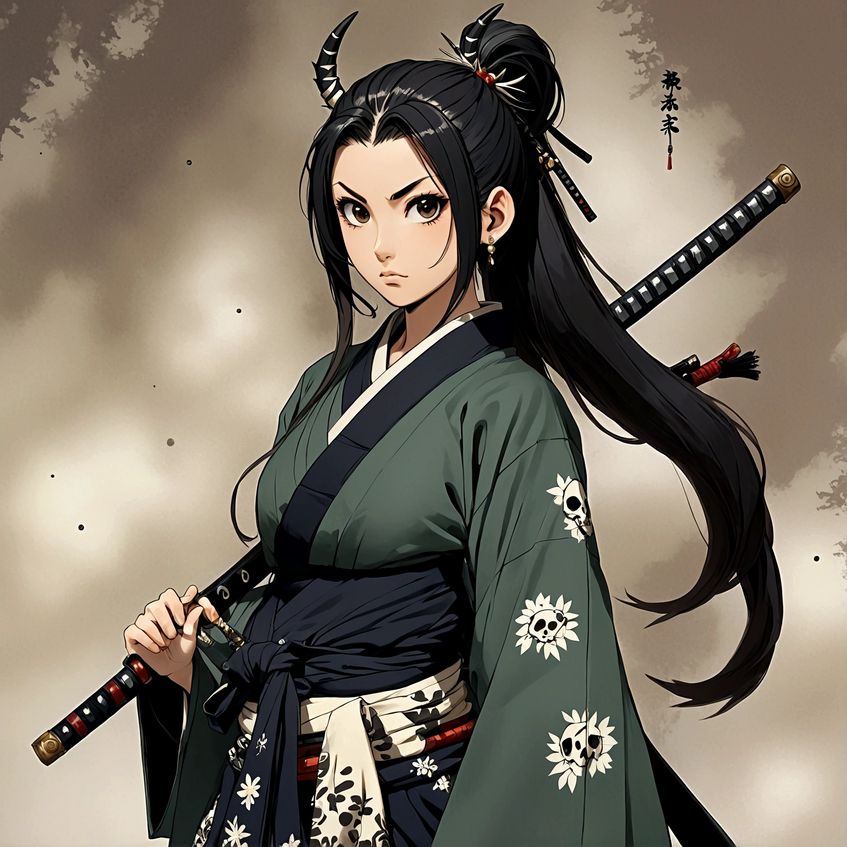 Adult woman, long dark hair with a ponytail formed from a sharp spiked brooch, dark eyes without expression, cuts on her face and neck, a tied haori with grayish fur hanging on her shoulders, a hip tie with two hanging skulls that look like deer, a long hakama and one of her feet is pure wood. She carries a katana on her back that has two blade-like pendants and a bird skull on the tip of the katana's blade.