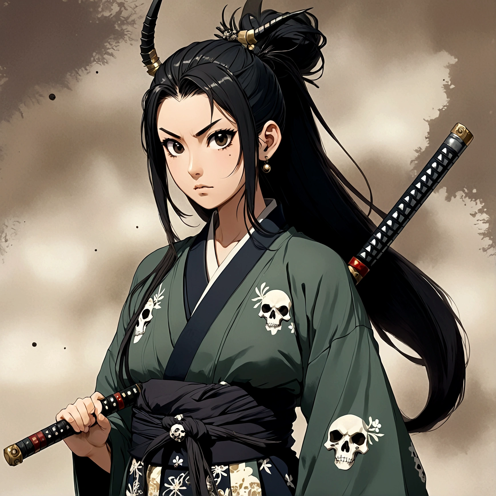 Adult woman, long dark hair with a ponytail formed from a sharp spiked brooch, dark eyes without expression, cuts on her face and neck, a tied haori with grayish fur hanging on her shoulders, a hip tie with two hanging skulls that look like deer, a long hakama and one of her feet is pure wood. She carries a katana on her back that has two blade-like pendants and a bird skull on the tip of the katana's blade.