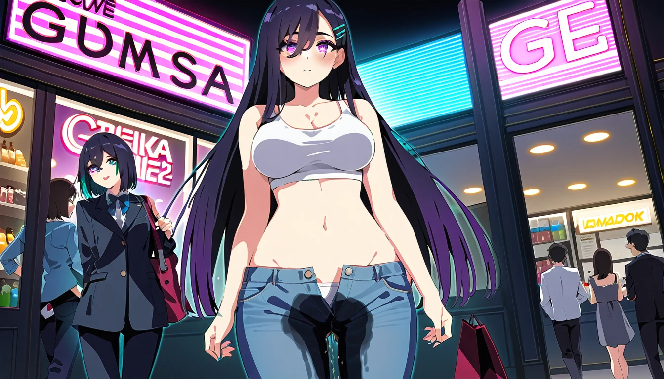 (masterpiece:1.37), best quality, (extremely detailed:1.37), woman, mature, adult, large breasts, very long hair, (straight hair:1.5), dark purple hair, purple eyes, (extremely detailed eyes:1.37), crop top, cleavage, navel, jeans, open fly, (groin:1.25), desperation, (wetting: self 3.0), standing, city, futuristic, neon lighting, high-tech, street, store, storefront, counter, anime merchandise