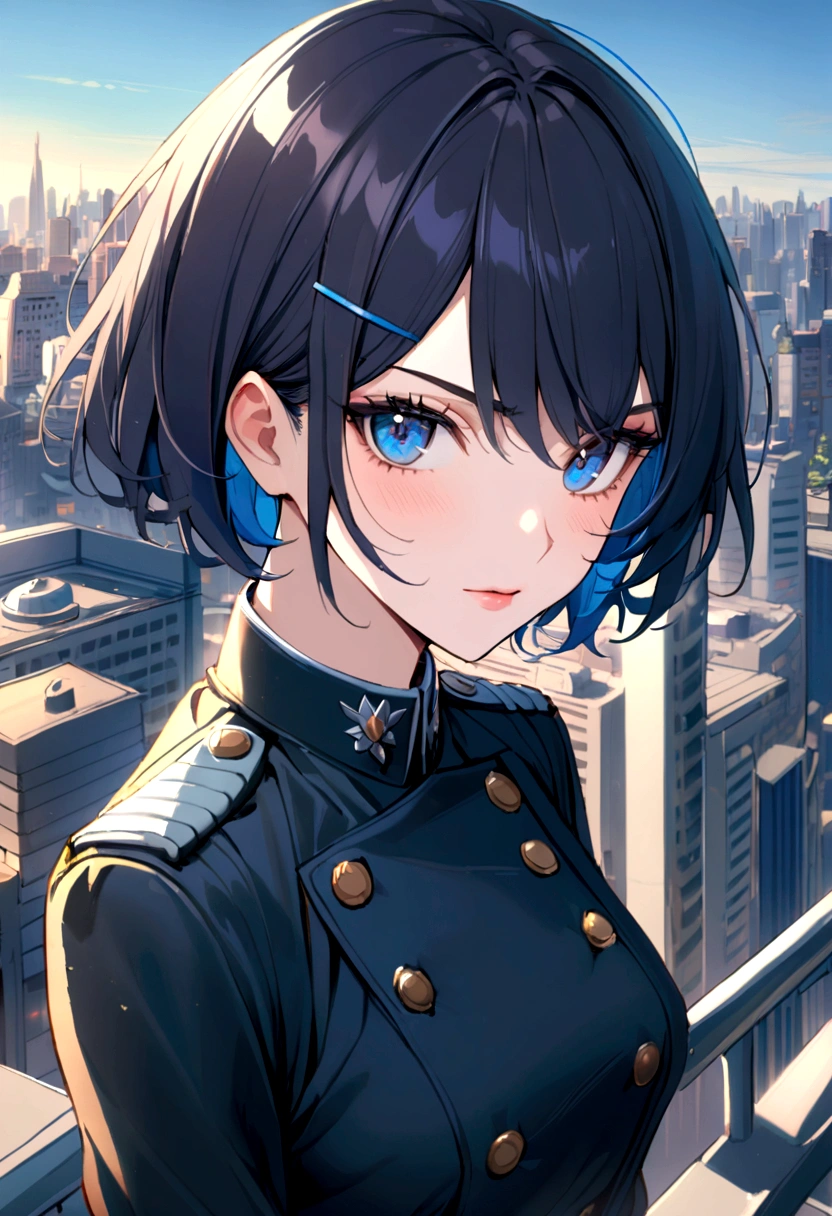 1dirl, dark blue military uniform, white shirt, dark hair, blue hair, short hair, blue Eyes, hairclip, city background
