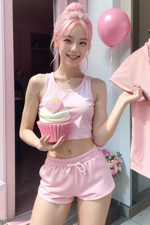 Tall caucasian woman with pink hair in a ponytail, wearing a pink tang top, pink shorts, and pink sneakers smiles holding a cake in one hand.