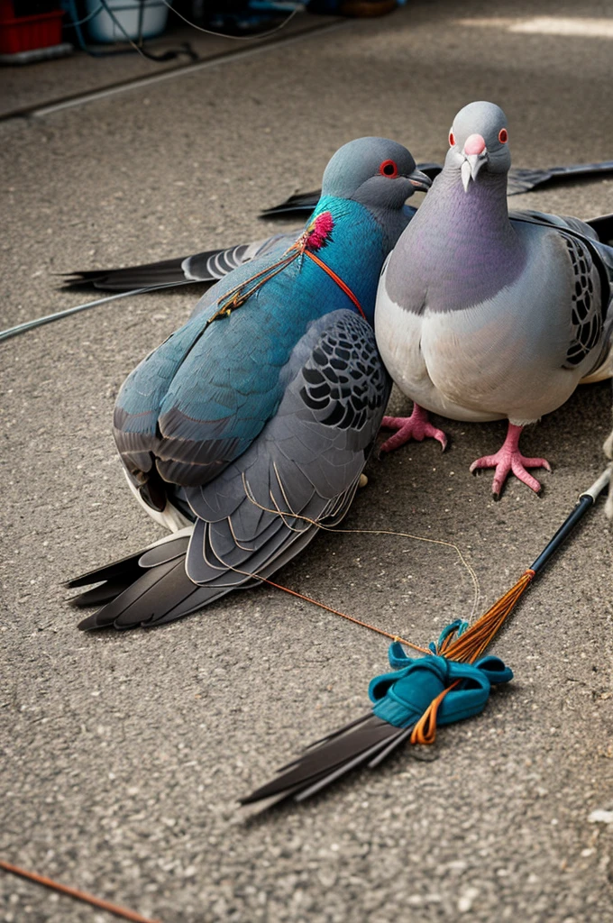 Two pigeons tied by the legs, lives, with fishing lines, to some television antennas on the floor