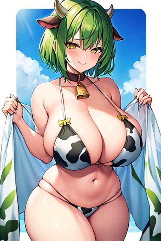 1girl, green hair, very short hair, yellow eyes, huge breasts, breasts, thick thighs, mature female,, smile, smirk, smug, cow print, bikini, highleg, highleg bikini, forest, bare legs, horns, bell, cow ears, ((cow print)), pixie cut