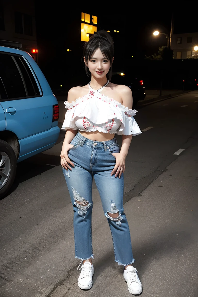 city night ,((full body shot:0.8)),with heavy traffic in the background ,beautiful woman,wearing One-shoulder Lace Patchwork Off-shoulder Ruffle Sleeve Top, heavy worn out blue jeans, red white sport shoes, woman with nice breasts, ponytail hair ,big hips, tan skin,   smile, eyelashes, highly detailed face, sexy