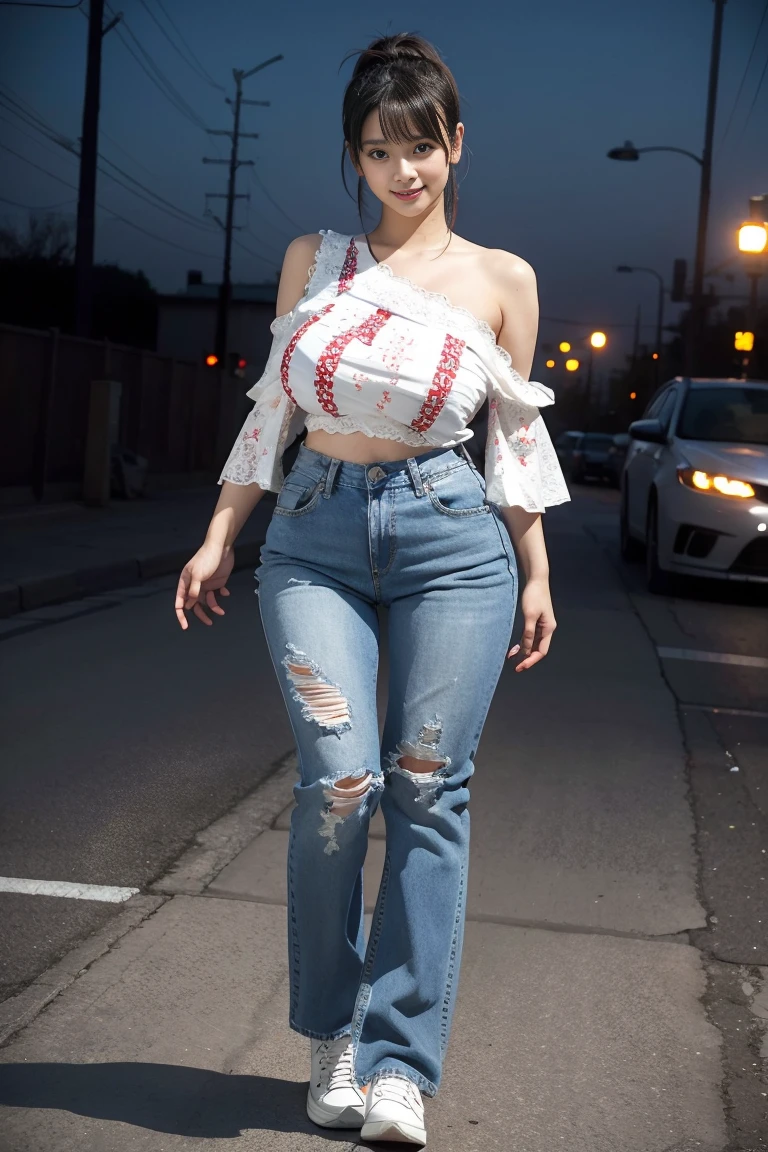 city night ,((full body shot:0.8)),with heavy traffic in the background ,beautiful woman,wearing One-shoulder Lace Patchwork Off-shoulder Ruffle Sleeve Top, heavy worn out blue jeans, red white sport shoes, woman with nice breasts, ponytail hair ,big hips, tan skin,   smile, eyelashes, highly detailed face, sexy