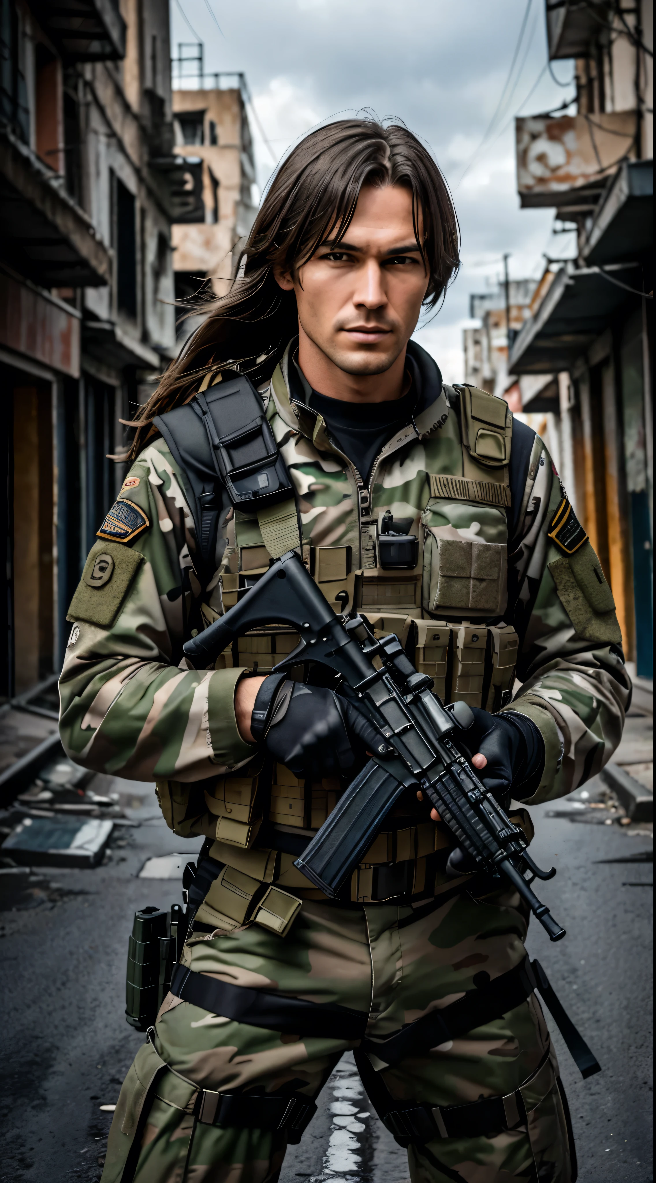 with high definition images，RAW Photos、Close-up portrait photo of a man in full special forces gear in a deserted city、Holding an AK-47 and pointing it at the camera。Long Hair、Pale skin、Slim body、background is city ruins、(Highly refined muscles:1.2)、8K  UHD、Digital SLR、Soft lighting、high quality、Film Grain、Fujifilm XT3