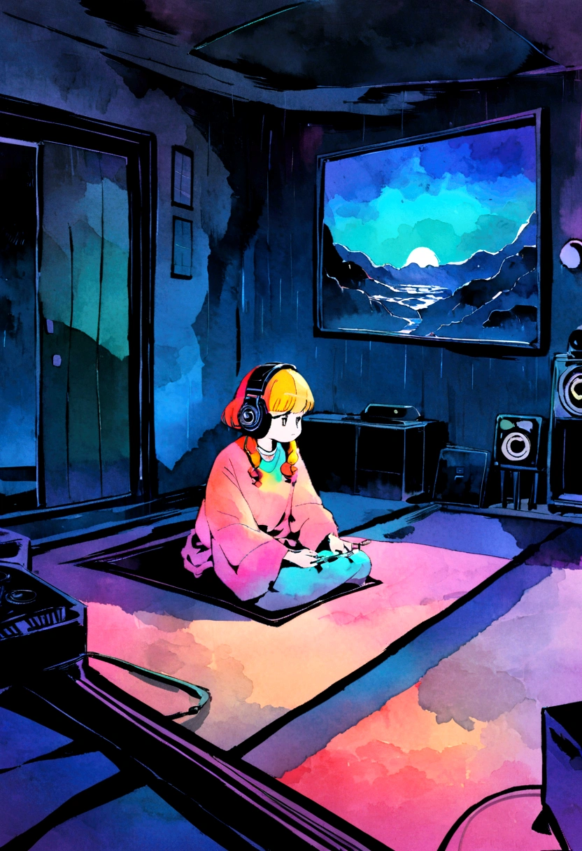 European hippie girl meditating in her room, dream, Wear headphones, night lighting, Neon scenery on a rainy day, Analog Color Theme, Lo-fi Hip Hop , review, flat, 2.5D ,Draw a line, Ink painting, Large slope, Watercolor, Goosh Colors, Studio Ghibli style, Great colorful, Outerton, Krautlock, Lofi Art, 70s style,Old Texture, amplitude,Psychedelic atmosphere, masterpiece, Great technology, study,studiando