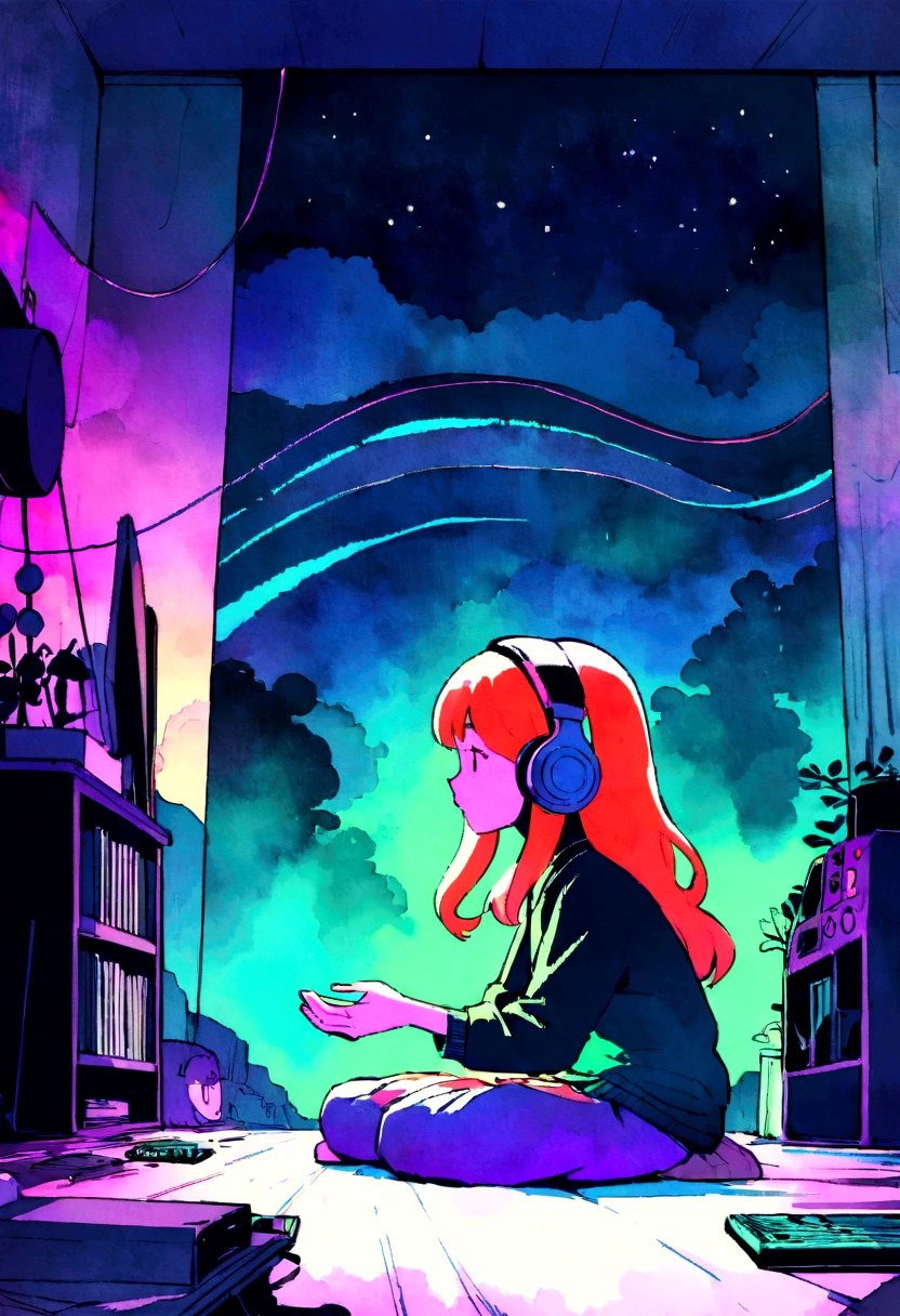 European hippie girl meditating in her room, dream, Wear headphones, night lighting, Neon scenery on a rainy day, Analog Color Theme, Lo-fi Hip Hop , review, flat, 2.5D ,Draw a line, Ink painting, Large slope, Watercolor, Goosh Colors, Studio Ghibli style, Great colorful, Outerton, Krautlock, Lofi Art, 70s style,Old Texture, amplitude,Psychedelic atmosphere, masterpiece, Great technology, study,studiando