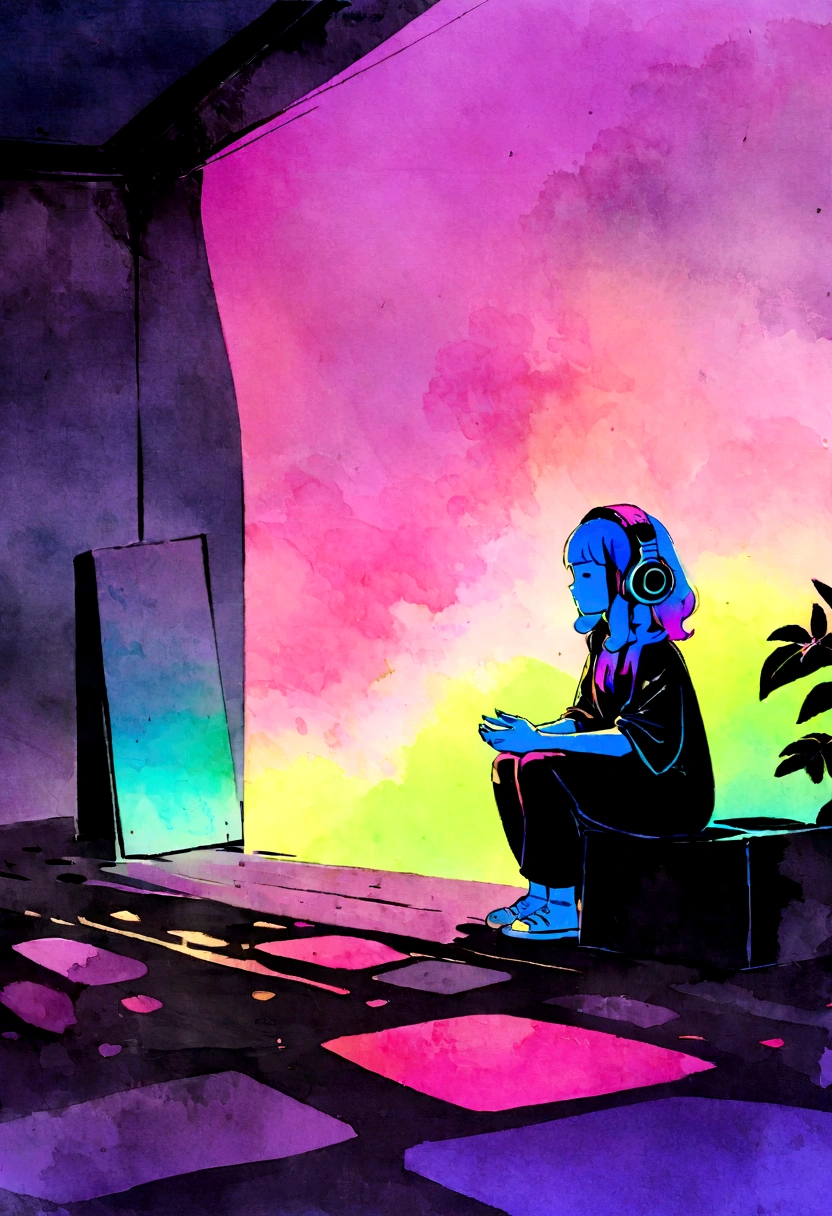 European hippie girl meditating in her room, dream, Wear headphones, night lighting, Neon scenery on a rainy day, Analog Color Theme, Lo-fi Hip Hop , review, flat, 2.5D ,Draw a line, Ink painting, Large slope, Watercolor, Goosh Colors, Studio Ghibli style, Great colorful, Outerton, Krautlock, Lofi Art,  70s style,Old Texture, amplitude,Psychedelic atmosphere, masterpiece, Great technology, study,studiando