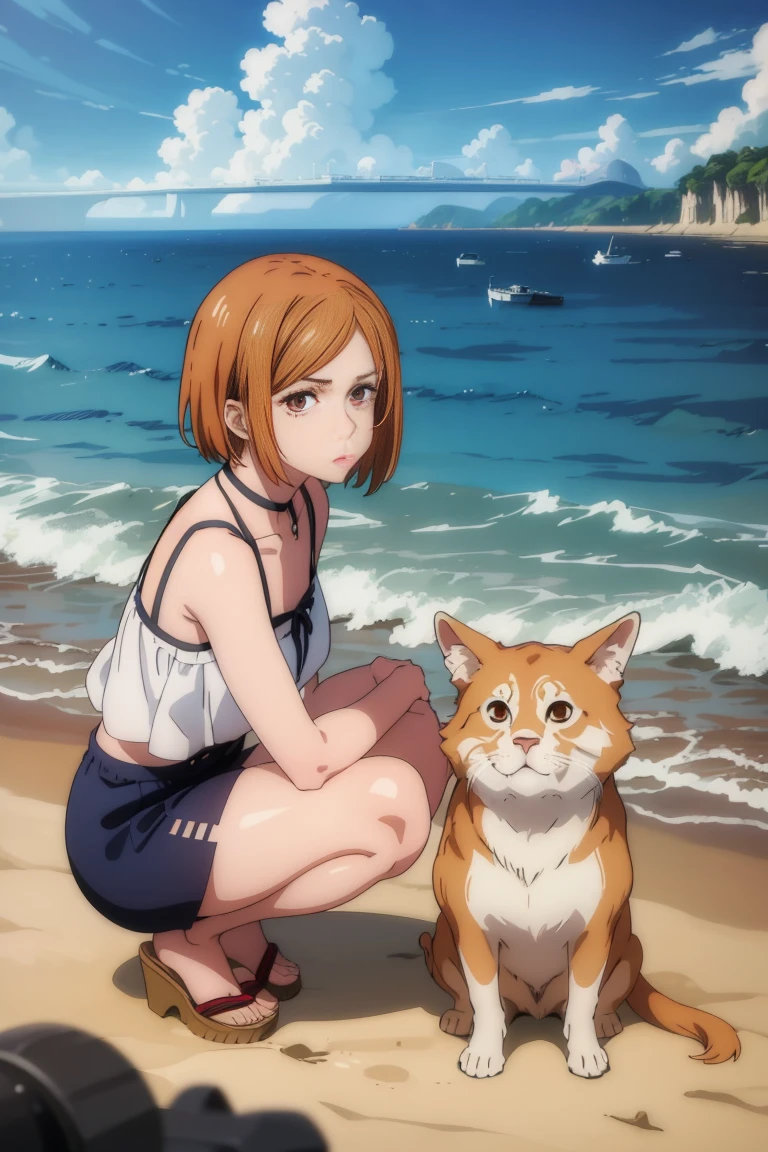 (work of art), (best qualityer), (ultra detali), (Best illustration), (best shade), (absurderes), nobarakugisakinova, shorth hair, hair orange, ((eyes browns)), Kugisaki Nobara, (比基尼), 1 girl, standing alone, bangss, gazing at viewer, squatting down, beachfront, thicc thighs
