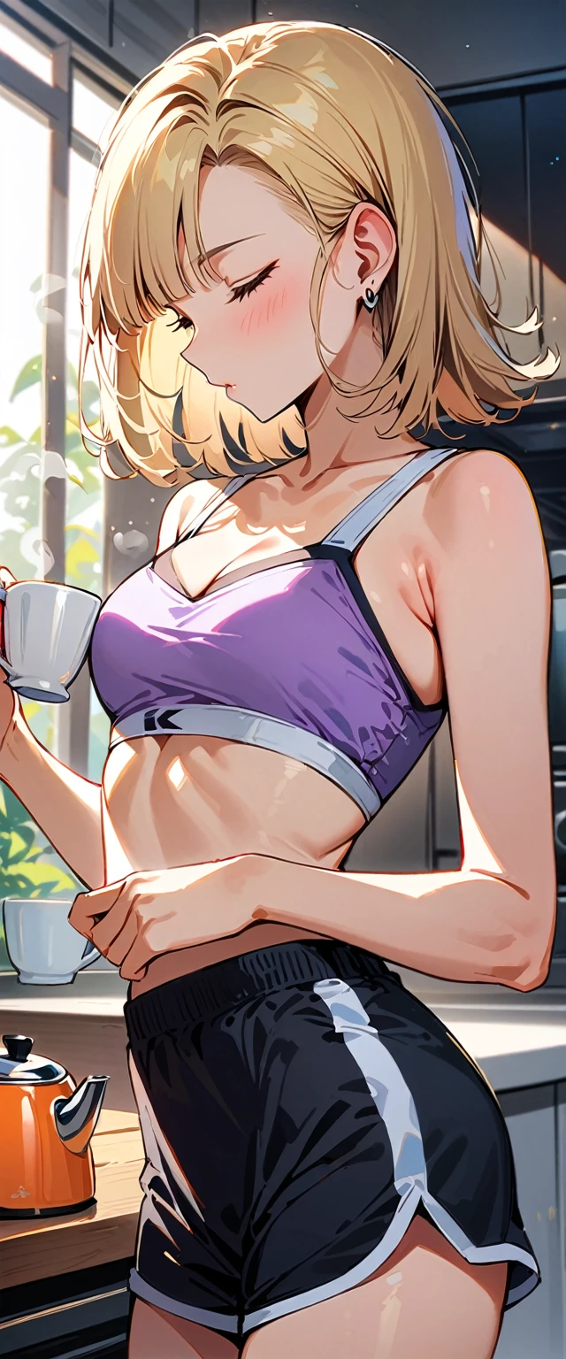 (masterpiece, best quality:1.2), 1girl, solo, Android 18 from Dragon Ball, ((plain purple crop sport bra)), (dolphin shorts), small breasts, short blonde hair loose, ((close eyes)), earrings on earlobes, slender feminine figure, narrow waistline, skinny body, light blush, drinking, holding a cup of hot water, natural lighting and shadows, magnificent view, blur background, 4K, blunt bangs, portrait, cleavage, morning, simple, organized kitchen, white base modern cute interiors, beautiful armpit, wearing glasses, flipped hair, steam, cute kettle,