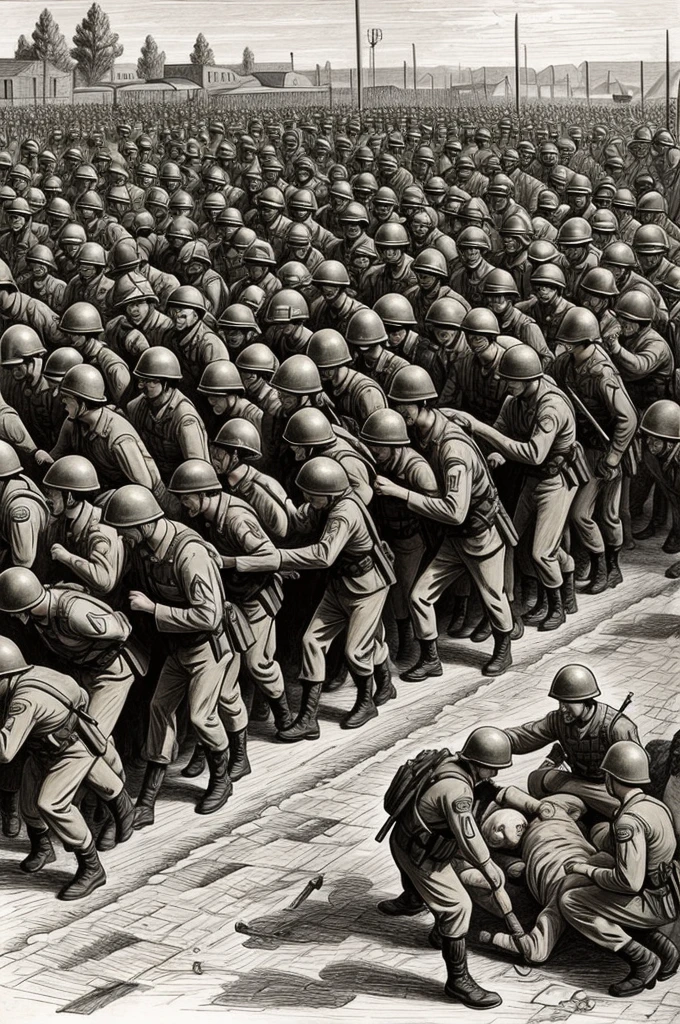 ((drawing)) of some soldiers rescuing prisoners from an opposing army from the concentration camp 