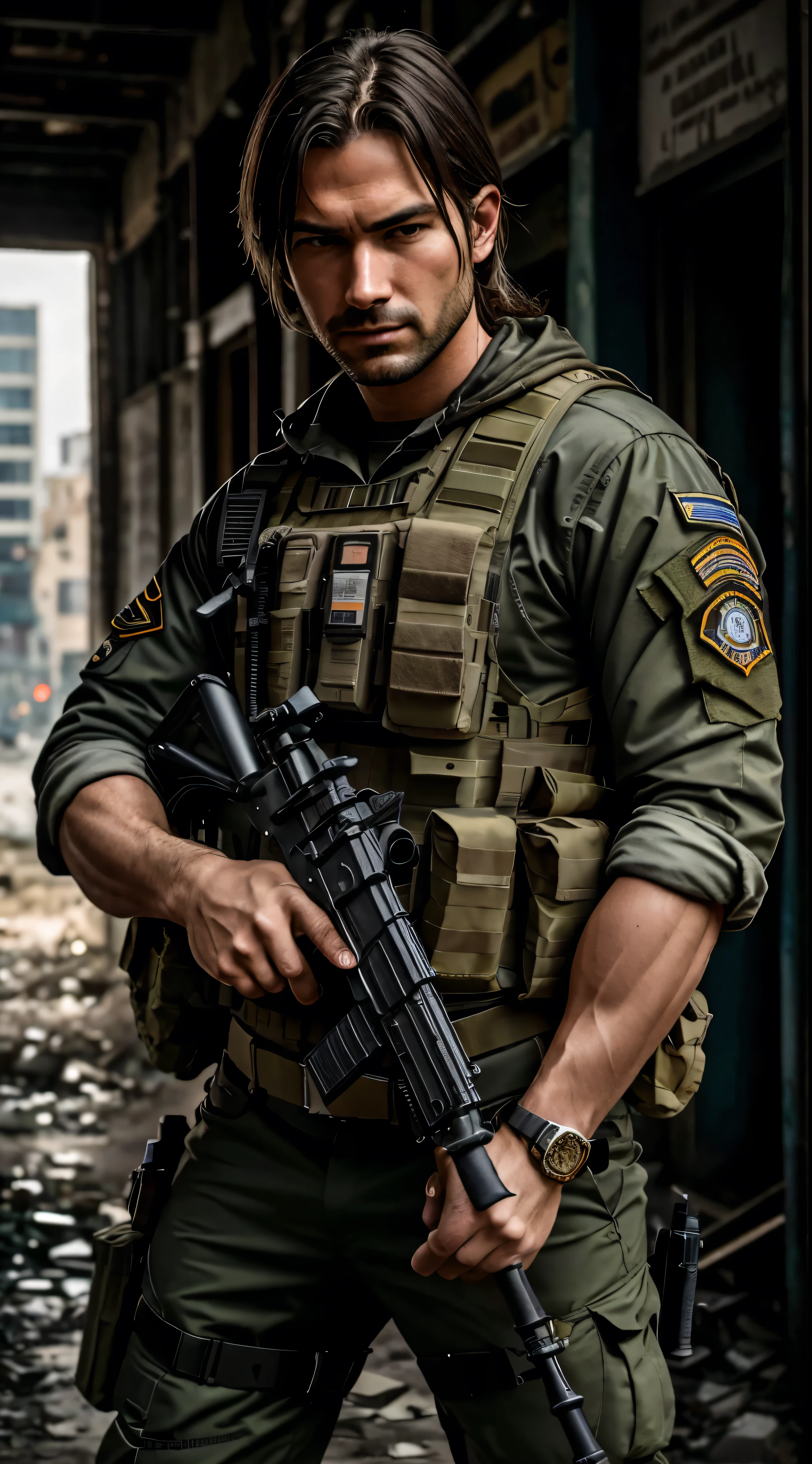 with high definition images，RAW Photos、Close-up portrait photo of a man in full special forces gear in a deserted city、Holding an AK-47 and pointing it at the camera。Long Hair、Pale skin、Slim body、background is city ruins、(Highly refined muscles:1.2)、8K  UHD、Digital SLR、Soft lighting、high quality、Film Grain、Fujifilm XT3