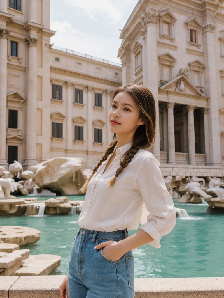 her name is Asako, high quality, 1girl, ((20-year-old fit Caucasian woman)), ((20 years old)), ((slim)), ((Fishtail Braid hair)), pose: standing, wearing unique stylish fashionable Generation-Z modern wear pastel colored, BACKGROUND:"At the Trevi Fountain, with its grand Baroque architecture and the tradition of tossing a coin into the water."