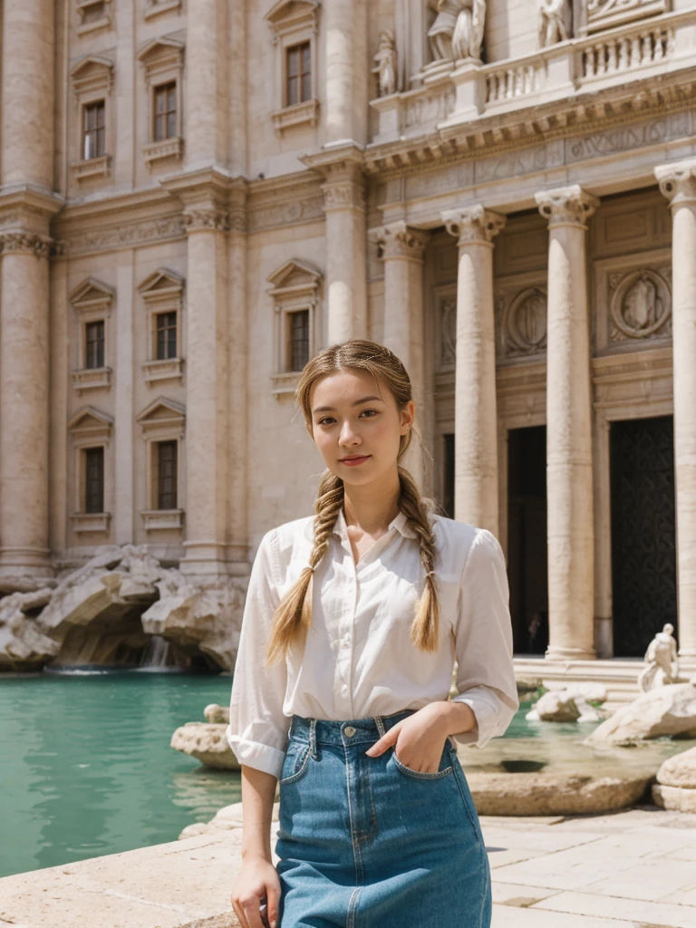 her name is Asako, high quality, 1girl, ((20-year-old fit Caucasian woman)), ((20 years old)), ((slim)), ((Fishtail Braid hair)), pose: standing, wearing unique stylish fashionable Generation-Z modern wear pastel colored, BACKGROUND:"At the Trevi Fountain, with its grand Baroque architecture and the tradition of tossing a coin into the water."