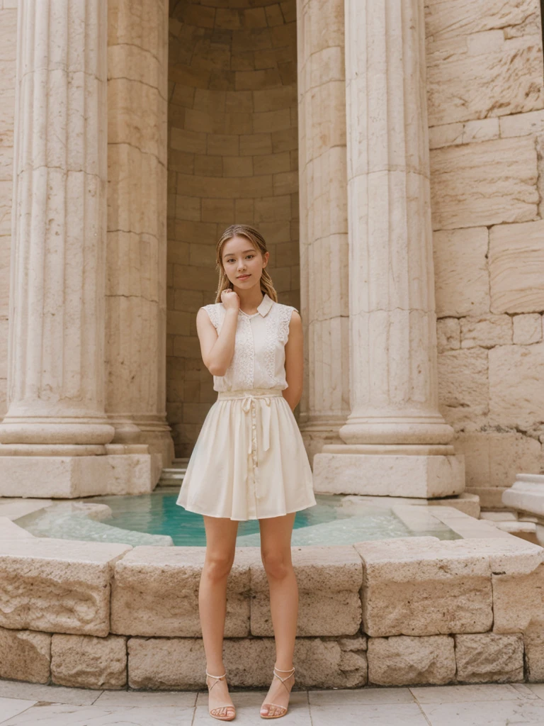 her name is Asako, high quality, 1girl, ((20-year-old fit Caucasian woman)), ((20 years old)), ((slim)), ((Fishtail Braid hair)), pose: standing, wearing unique stylish fashionable Generation-Z modern wear pastel colored, BACKGROUND:"At the Trevi Fountain, with its grand Baroque architecture and the tradition of tossing a coin into the water."