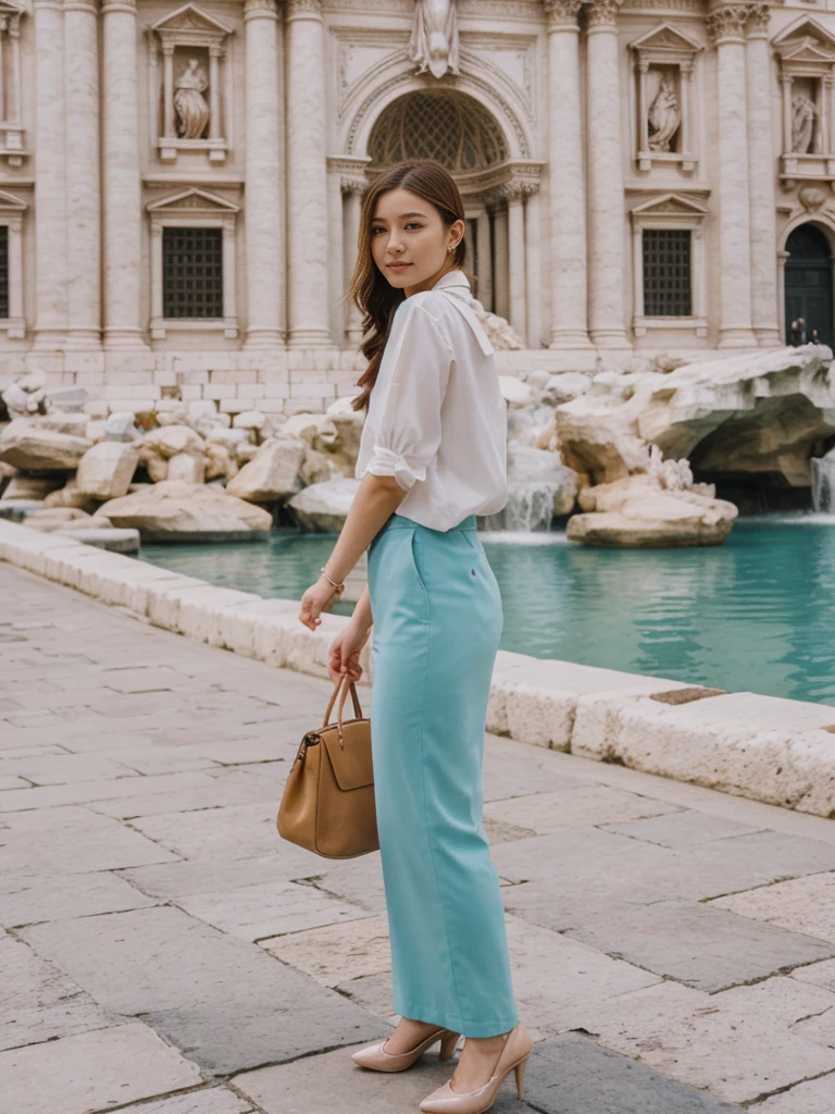 her name is Asako, high quality, 1girl, ((20-year-old fit Caucasian woman)), ((20 years old)), ((slim)), ((Fishtail Braid hair)), pose: standing, wearing unique stylish fashionable Generation-Z modern wear pastel colored, BACKGROUND:"At the Trevi Fountain, with its grand Baroque architecture and the tradition of tossing a coin into the water."