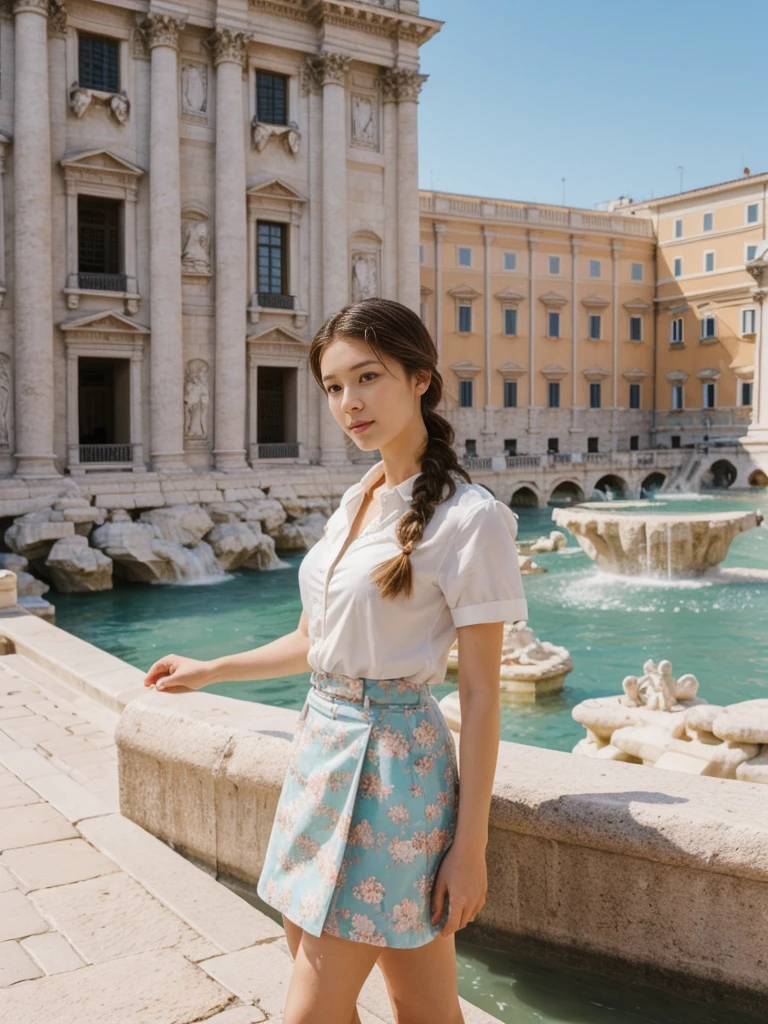 her name is Asako, high quality, 1girl, ((20-year-old fit Caucasian woman)), ((20 years old)), ((slim)), ((Fishtail Braid hair)), pose: standing, wearing unique stylish fashionable Generation-Z modern wear pastel colored, BACKGROUND:"At the Trevi Fountain, with its grand Baroque architecture and the tradition of tossing a coin into the water."