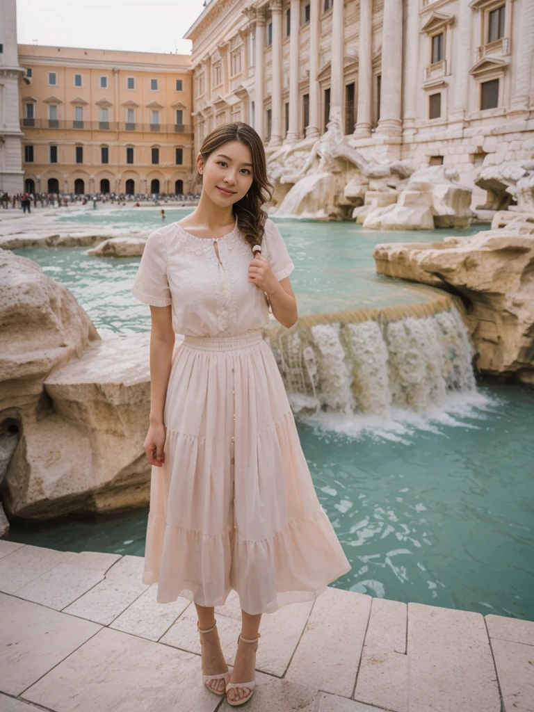 her name is Asako, high quality, 1girl, ((20-year-old fit Caucasian woman)), ((20 years old)), ((slim)), ((Fishtail Braid hair)), pose: standing, wearing unique stylish fashionable Generation-Z modern wear pastel colored, BACKGROUND:"At the Trevi Fountain, with its grand Baroque architecture and the tradition of tossing a coin into the water."