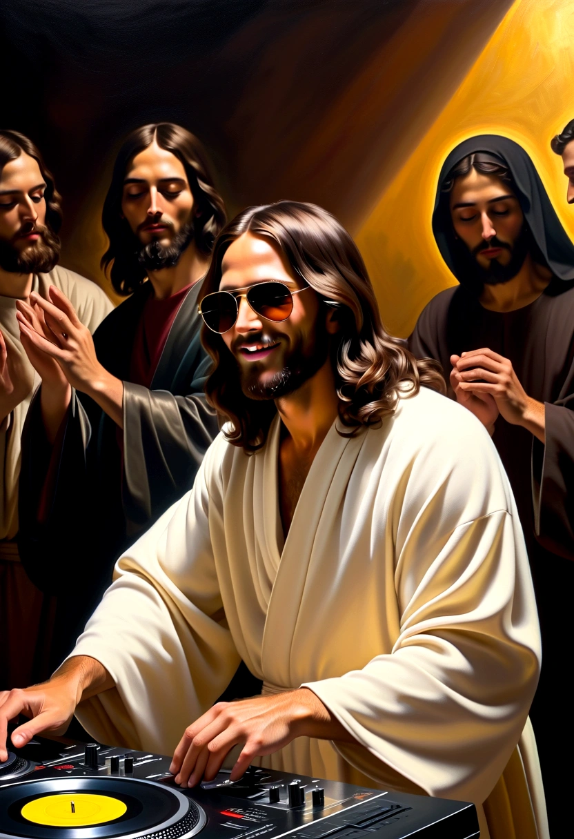 ntimate (oil painting:1.2), inspired by Caravaggio and El Greco BREAK (Jesus Christ as a DJ:1.3), grin, sunglasses, (robe:1.2), , confidence, (Soft glow:1.2) BREAK (Ethereal presence:1.2),(Subtle radiance:1.2),(Seraphic companions:1.3) BREAK Muted surroundings, Sacred atmosphere, Executed with masterful strokes, Rich chiaroscuro, Evocative emotion