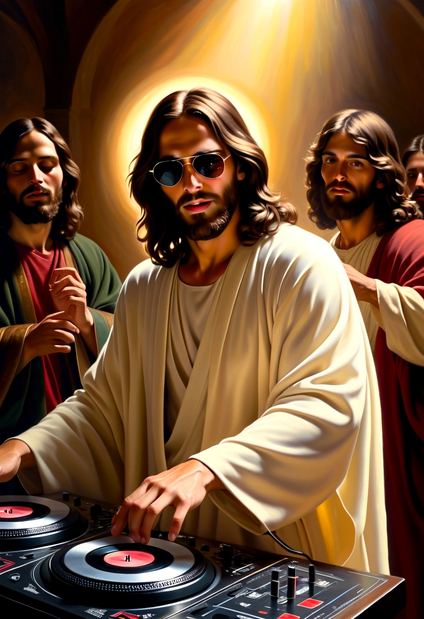 ntimate (oil painting:1.2), inspired by Caravaggio and El Greco BREAK (Jesus Christ as a DJ:1.3), grin, sunglasses, (robe:1.2), , confidence, (Soft glow:1.2) BREAK (Ethereal presence:1.2),(Subtle radiance:1.2),(Seraphic companions:1.3) BREAK Muted surroundings, Sacred atmosphere, Executed with masterful strokes, Rich chiaroscuro, Evocative emotion