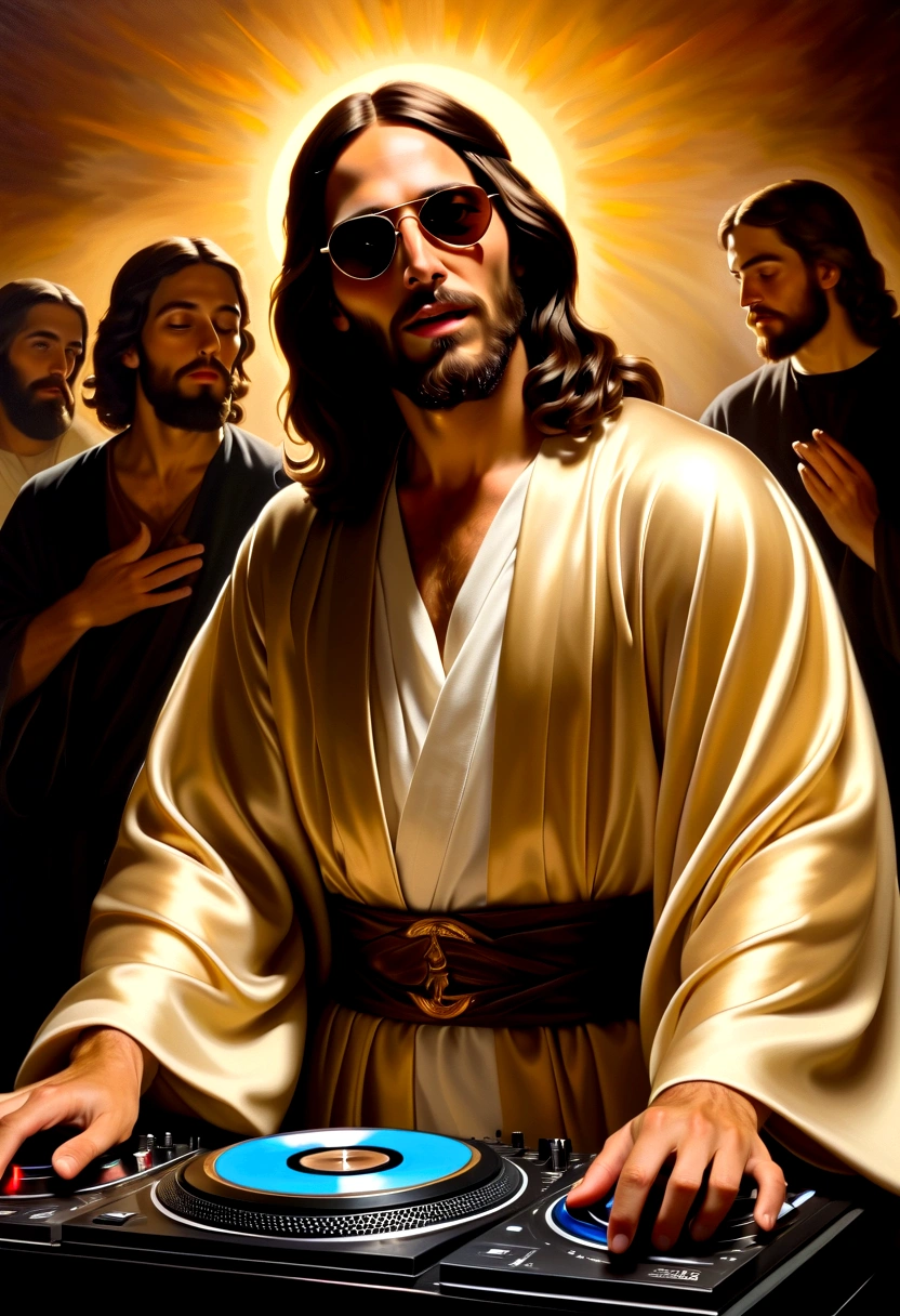 ntimate (oil painting:1.2), inspired by Caravaggio and El Greco BREAK (Jesus Christ as a DJ:1.3), grin, sunglasses, (robe:1.2), , confidence, (Soft glow:1.2) BREAK (Ethereal presence:1.2),(Subtle radiance:1.2),(Seraphic companions:1.3) BREAK Muted surroundings, Sacred atmosphere, Executed with masterful strokes, Rich chiaroscuro, Evocative emotion