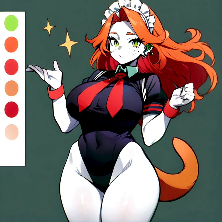 1 girl (big breasts and big thighs) (masterpiece, best quality: 1.2), Ellen Jo, Zenless Zone Zero, UA uniform from "My Hero Academia", (normal girl: 0.5), long hair, orange hair, green eyes , tail, pantyhose, multicolored hair, black shoes, short sleeves, wristbands, maid headdress, stockings, nyantchaellen joe, red hair, red hair, colored inner hair, multicolored hair (green eyes: 1.3) ear piercing, white skin, freckles on the face, slightly pointed nose, flat waist and abdomen, a small mole on the neck that is not so distinguishable.