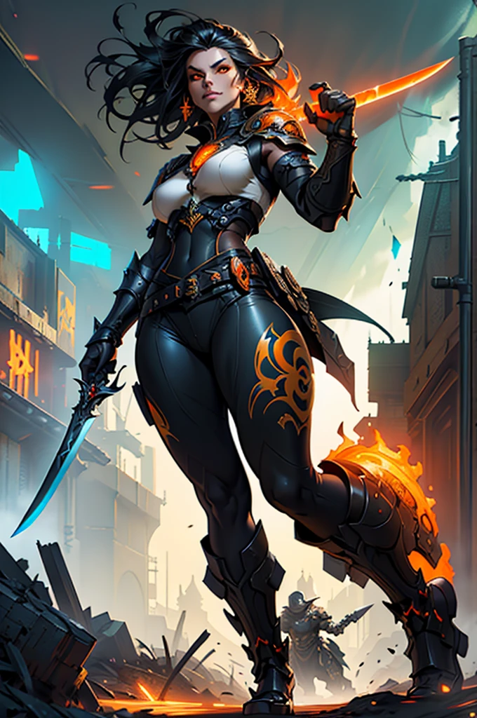 there is a woman (curvaceous, glowing orange eyes) with a sword and armor on a orange background, cyberpunk art by Chen Jiru, Artstation, fantasy art, artgerm craig mullins, epic exquisite character art, stunning character art, D&D Dark Sun character art, by ruan jia and stanley artgerm, peter mohrbacher artstyle, peter mohrbacher style