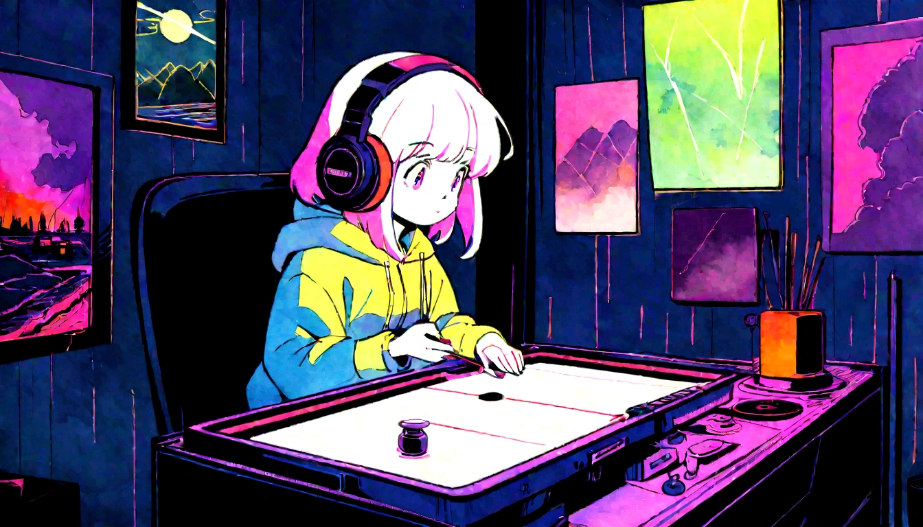 (zero), Girl studying in room, Reading a book, Wear headphones, , night lighting, Neon scenery on a rainy day,Analog Color Theme, Lo-fi Hip Hop , retrospective exhibition, flat, 2.5D ,Draw a line, Ink painting, Large slope, watercolor, Amazing color, Studio Ghibli style, Amazing colors, Outerton, Synthwave, Lofi Art,90s Style,Old Texture, amplitude,90s vibe, Tabletop, Amazing technology, 16:9 Scale