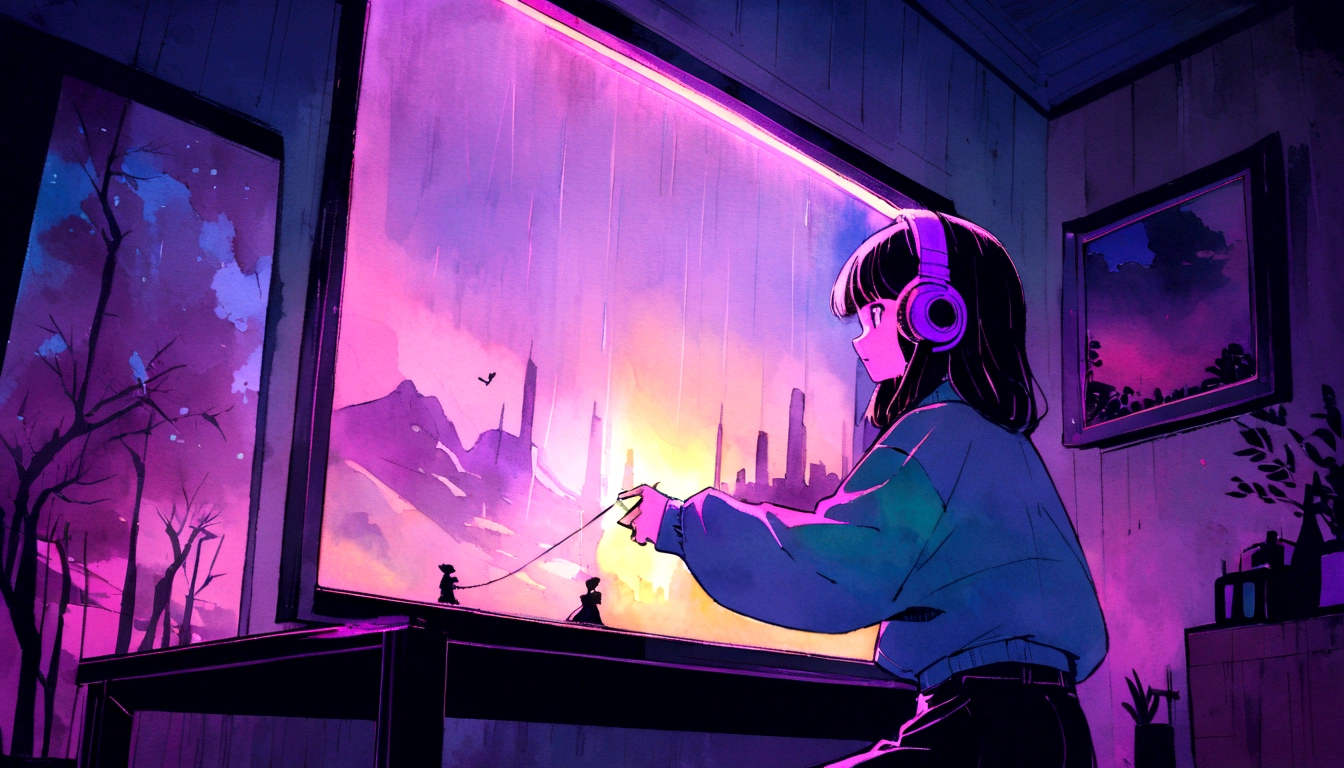 (zero), Girl studying in room, Reading a book, Wear headphones, , night lighting, Neon scenery on a rainy day,Analog Color Theme, Lo-fi Hip Hop , retrospective exhibition, flat, 2.5D ,Draw a line, Ink painting, Large slope, watercolor, Amazing color, Studio Ghibli style, Amazing colors, Outerton, Synthwave, Lofi Art,90s Style,Old Texture, amplitude,90s vibe, Tabletop, Amazing technology, 16:9 Scale