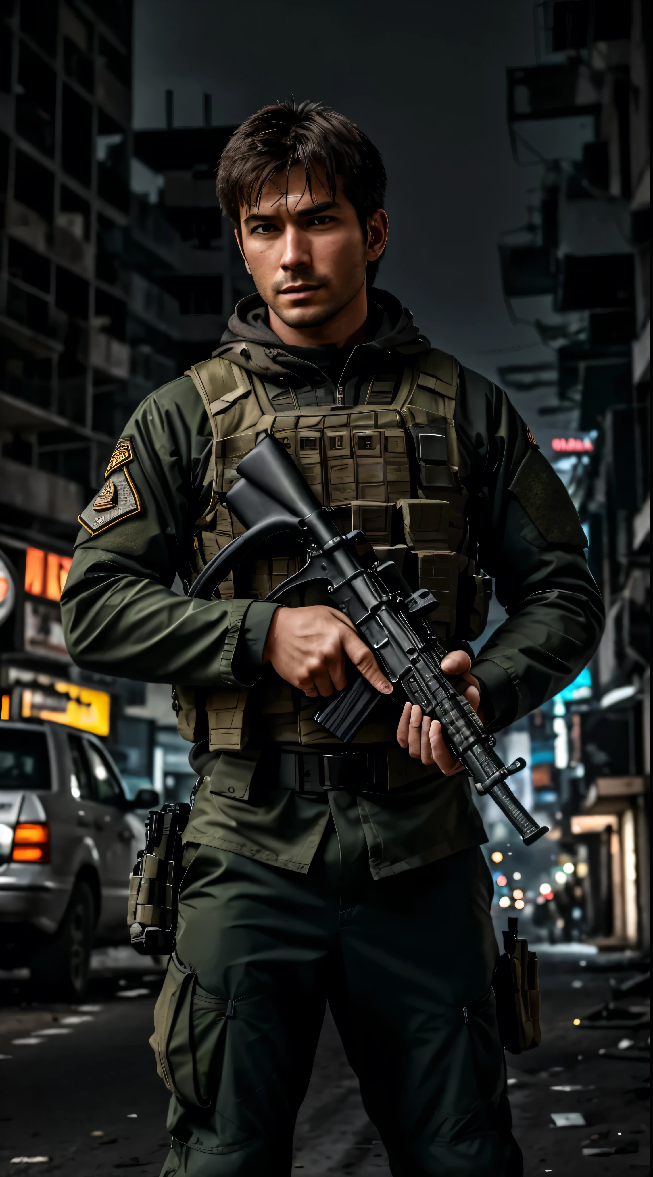 with high definition images，RAW Photos、Close-up portrait photo of a man in full special forces gear in a deserted city、Holding an AK-47 and pointing it at the camera。Long Hair、Pale skin、Slim body、background is city ruins、(Highly refined muscles:1.2)、8K  UHD、Digital SLR、Soft lighting、high quality、Film Grain、Fujifilm XT3