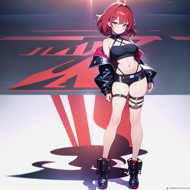 full body,1 woman, 20 years old (cute:1.3),short red Hair, left eye blue, right eye yellow, tan skin, freckles, sharp teeth, {open sexy clothes, black skirt, Black stockings, long sleeves, chest harness, black shirt, crop top, shorts, Shoes, O-Ring, midriff, off shoulder, medium breasts, thigh strap, shorts, fishnet stockings,Glossy, shiny material,