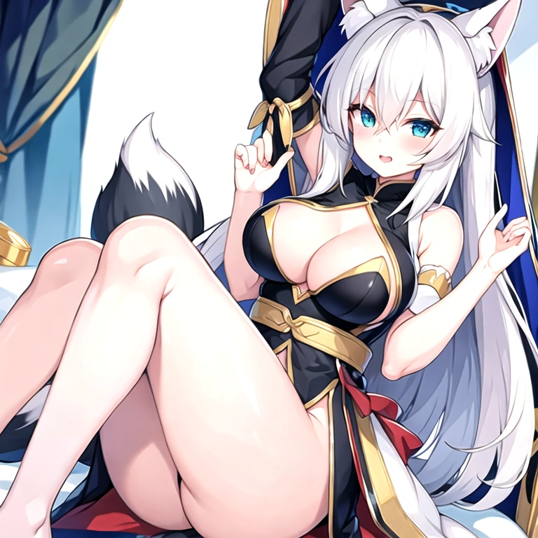 (masterpiece, best quality:1.2), 1girl, solo,write hair,fox ears,fox tail,long big tail